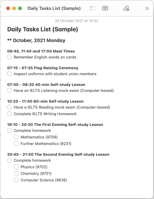 Daily Tasks List (Sample)